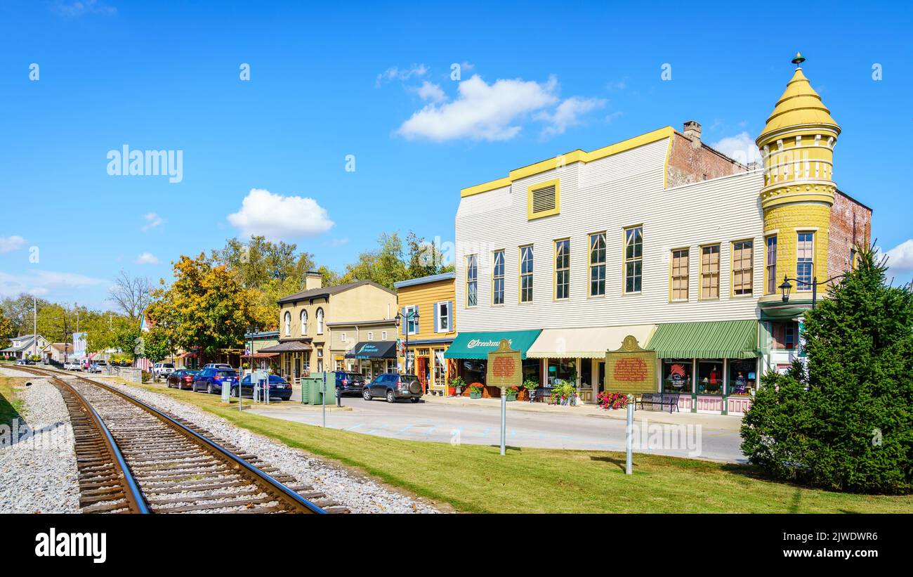 Midway, Kentucky, October 16, 2016: Main street of Midway - a small town in Central Kentucky famous of its boutique shops and restaurants Stock Photo