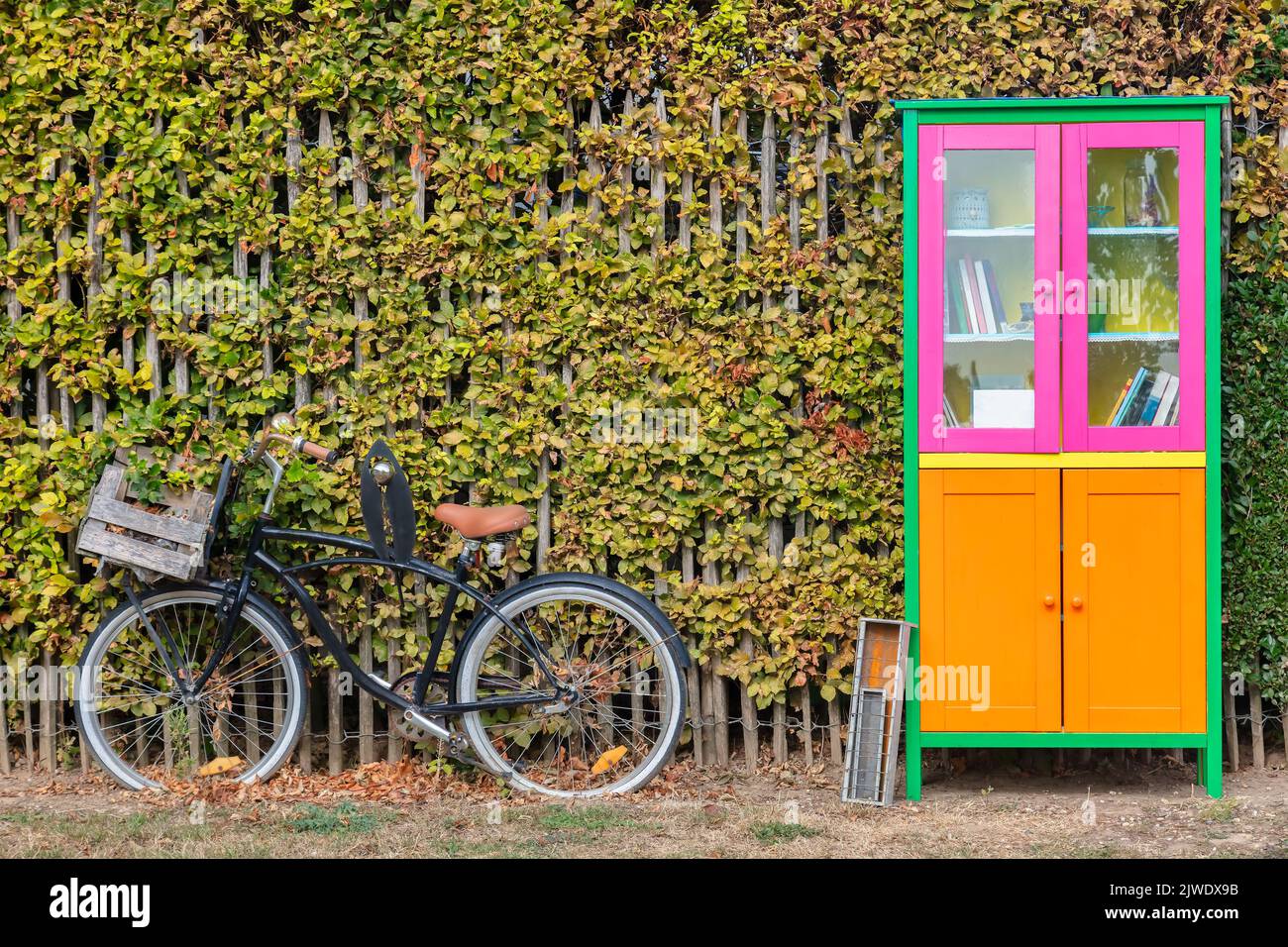 Dutch free mini public library with bicycle in autumn Stock Photo
