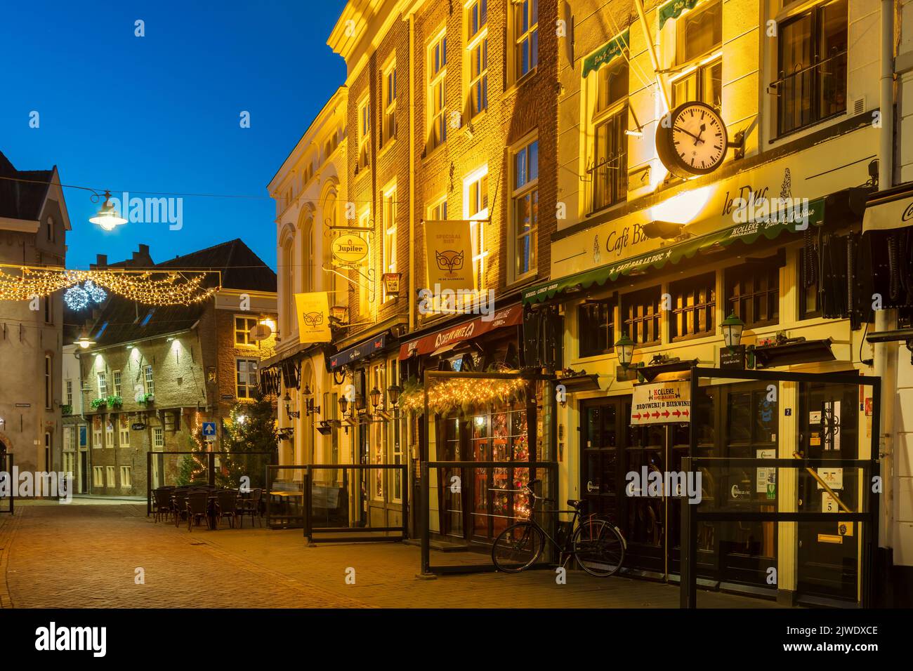 Den Bosch, The Netherlands - December 21, 2021: Pubs and restaurants with christmas decoration in Den Bosch, The Netherlands Stock Photo