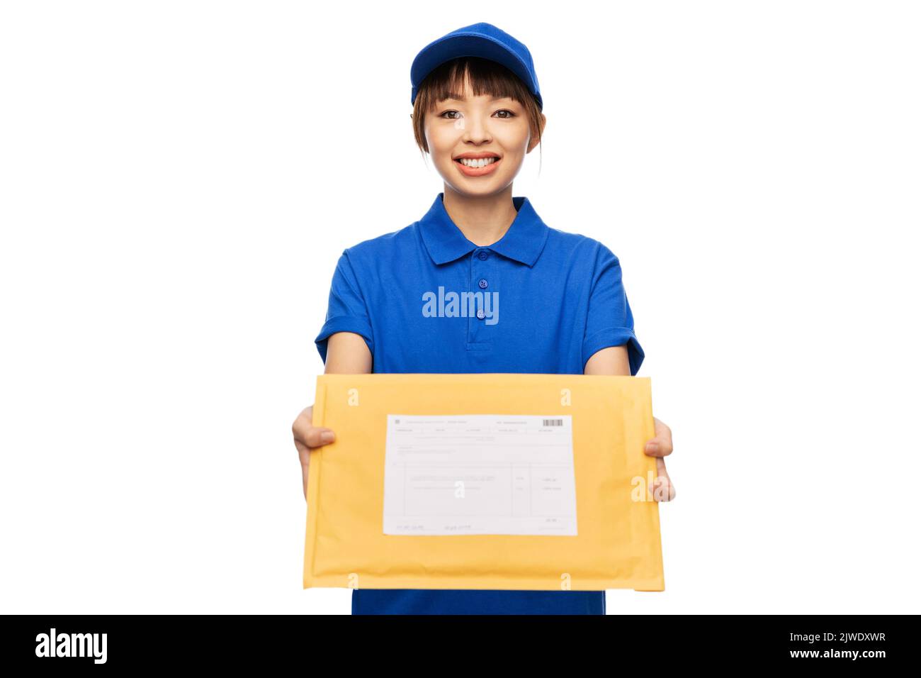 happy delivery woman holding parcel envelope Stock Photo