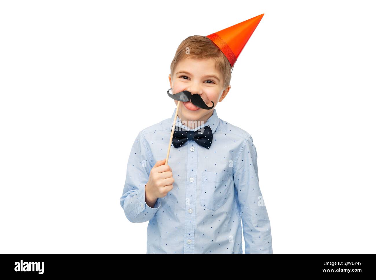 little boy in birthday party hat with moustache Stock Photo