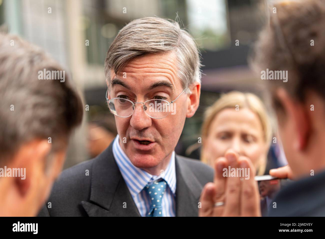 Queen Elizabeth II Centre, Westminster, London, UK. 5th Sep, 2022. Conservative party members and officials are leaving the Centre after choosing Liz Truss as the new leader of the party, and therefore the new Prime Minister. Protesters gathered outside. Jacob Rees-Mogg MP leaving Stock Photo