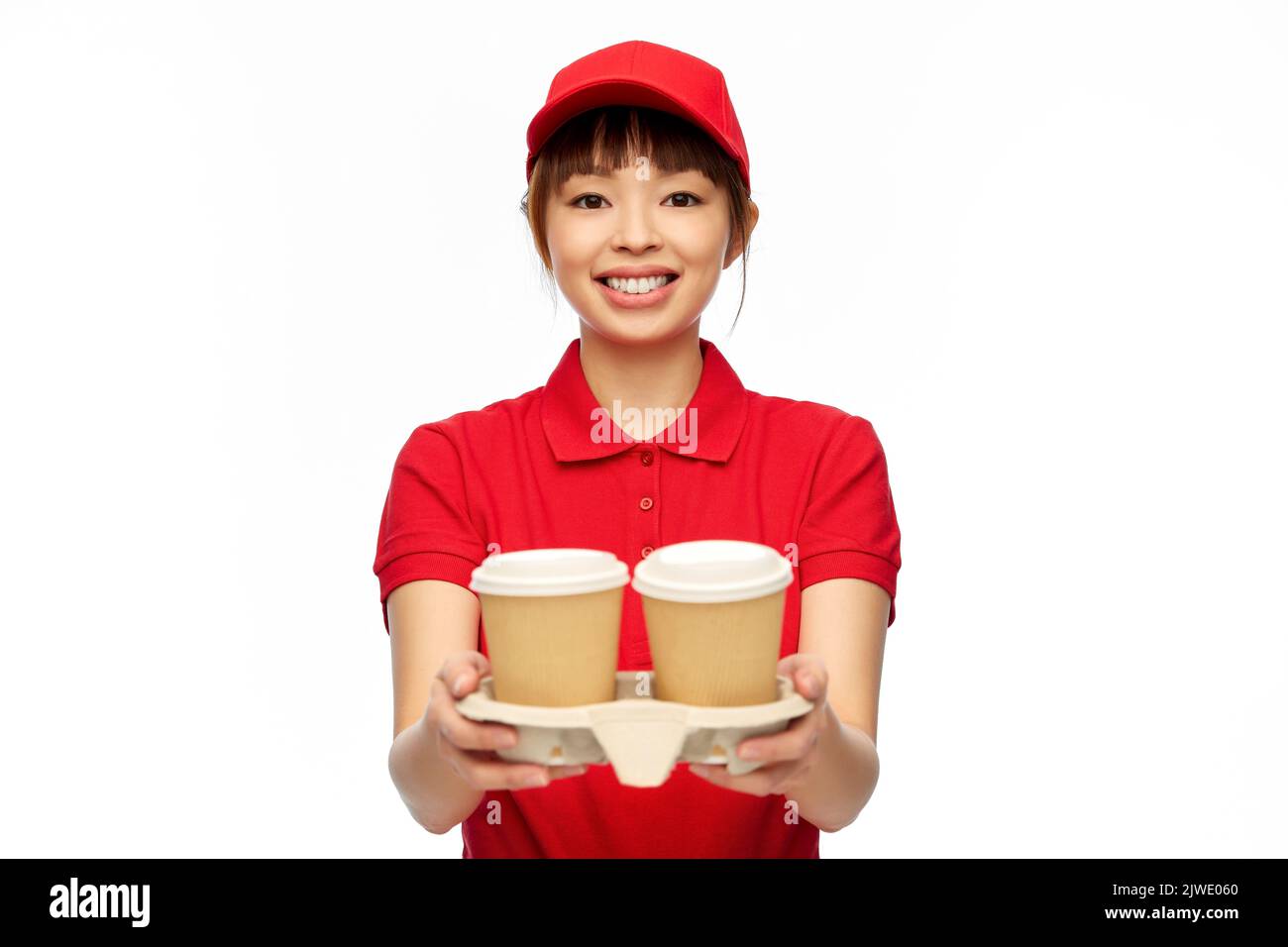 delivery woman with takeaway coffee cups Stock Photo