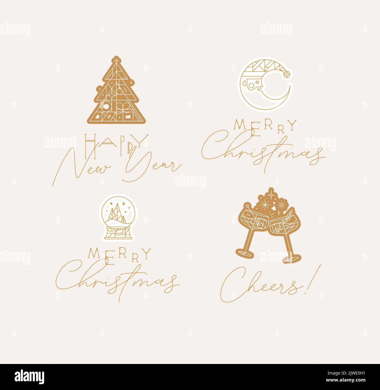 New Year and Christmas art deco labels with lettering drawing in modern vintage line style on beige background Stock Vector