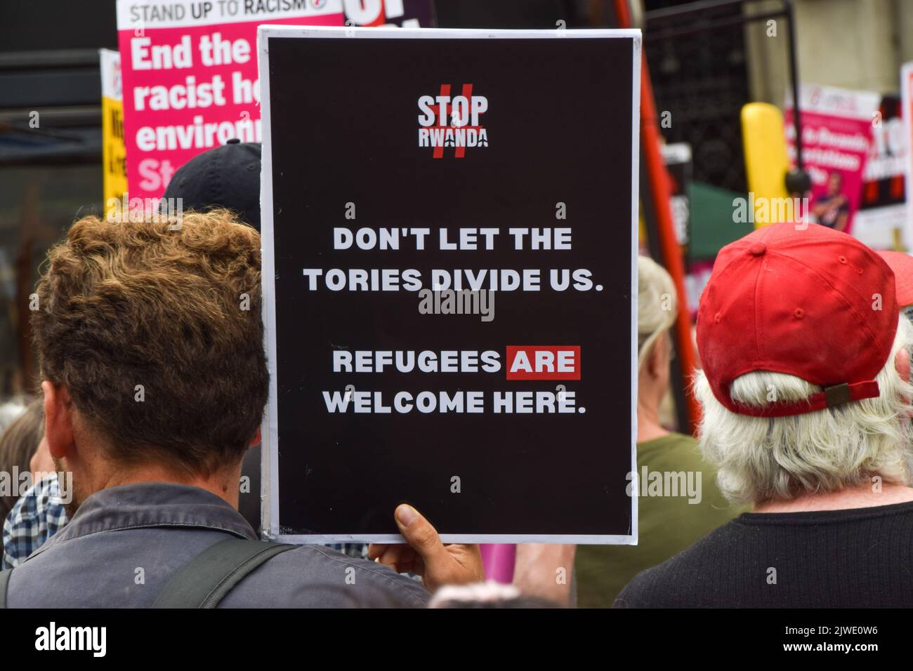 London, England, UK. 5th Sep, 2022. A protester holds a placard which ...