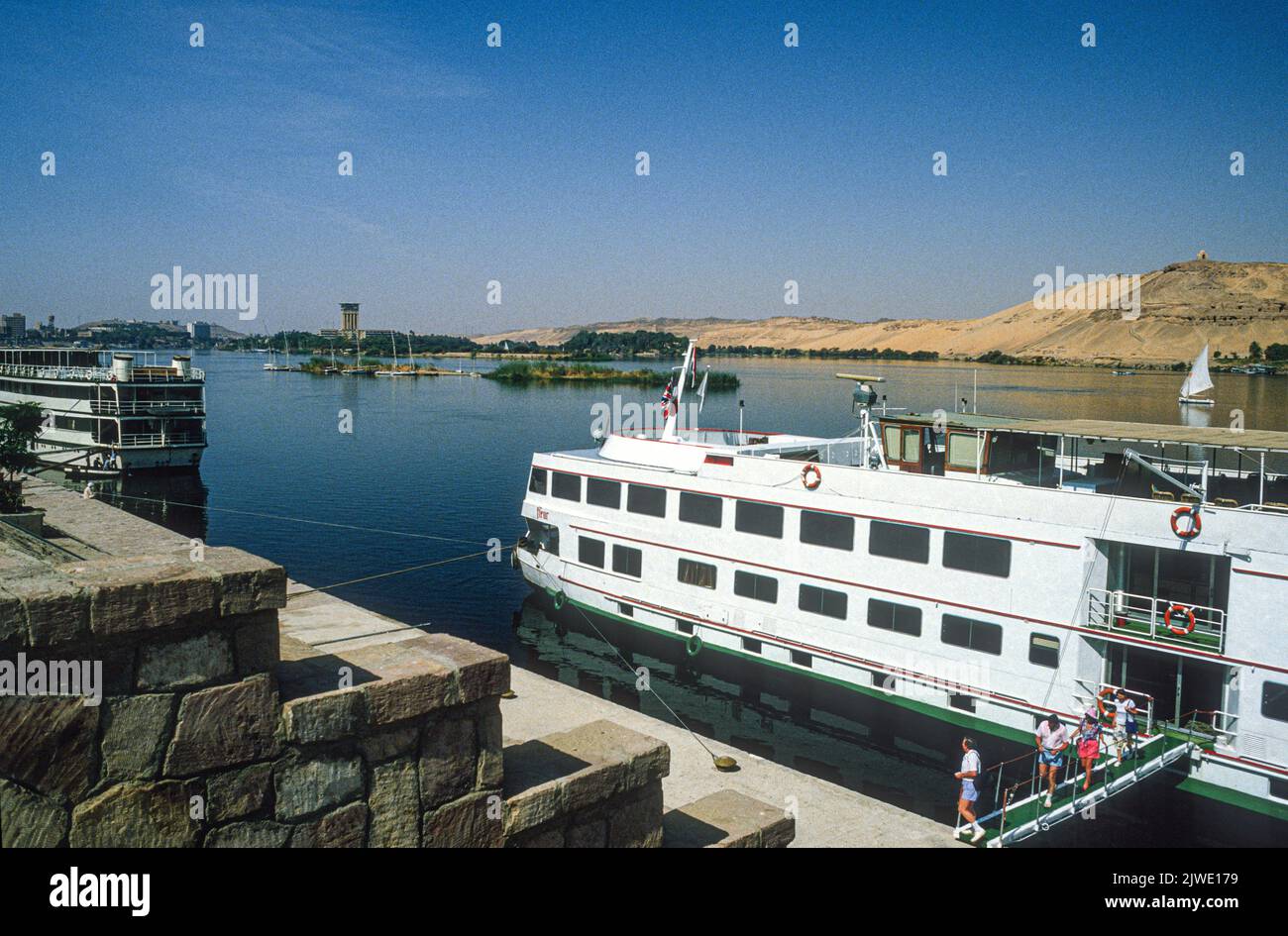 Nile River cruise boats moored at Aswan in 1986, Egypt Stock Photo