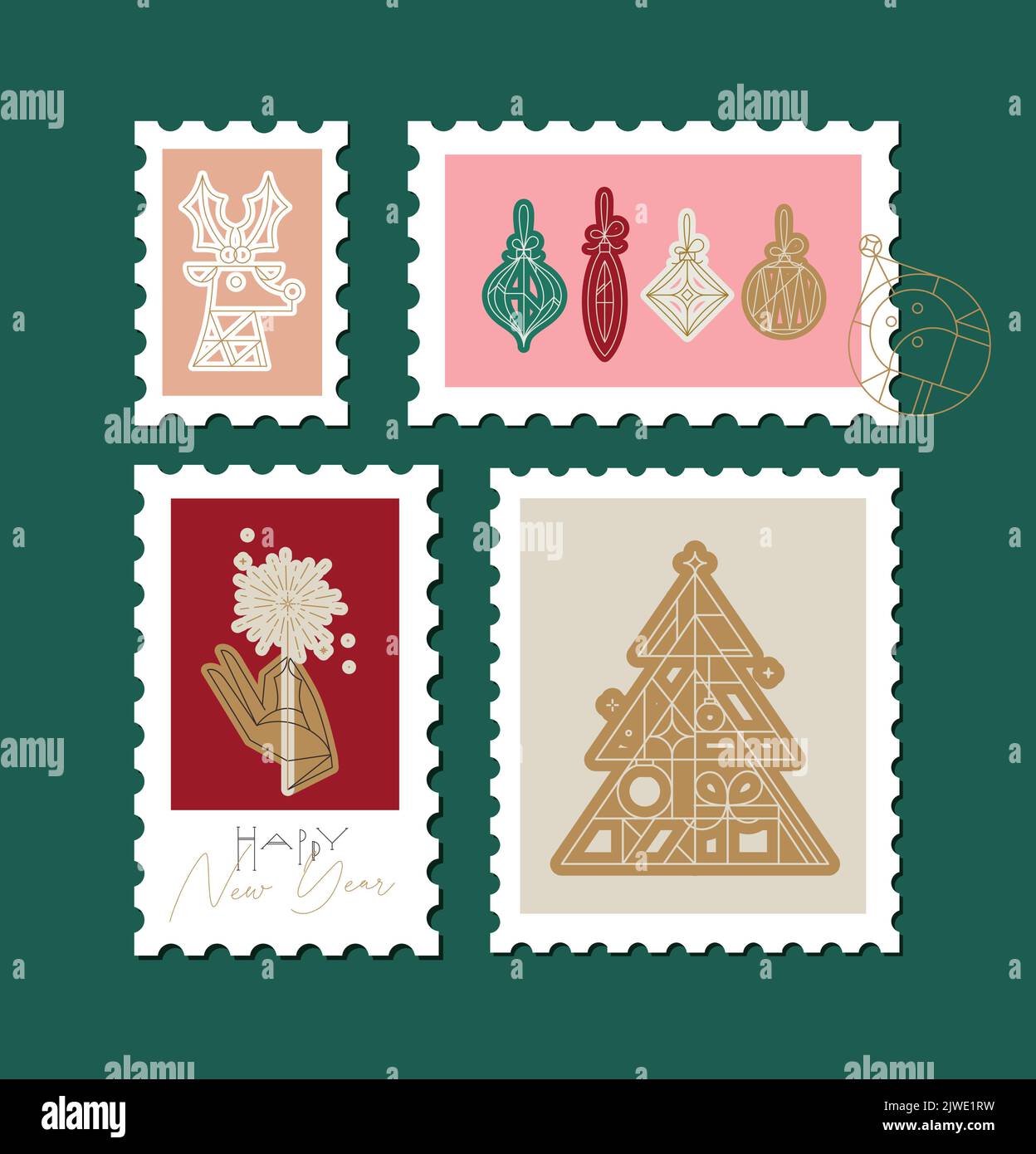 Christmas art deco postage stamp collection drawing in modern line style Stock Vector