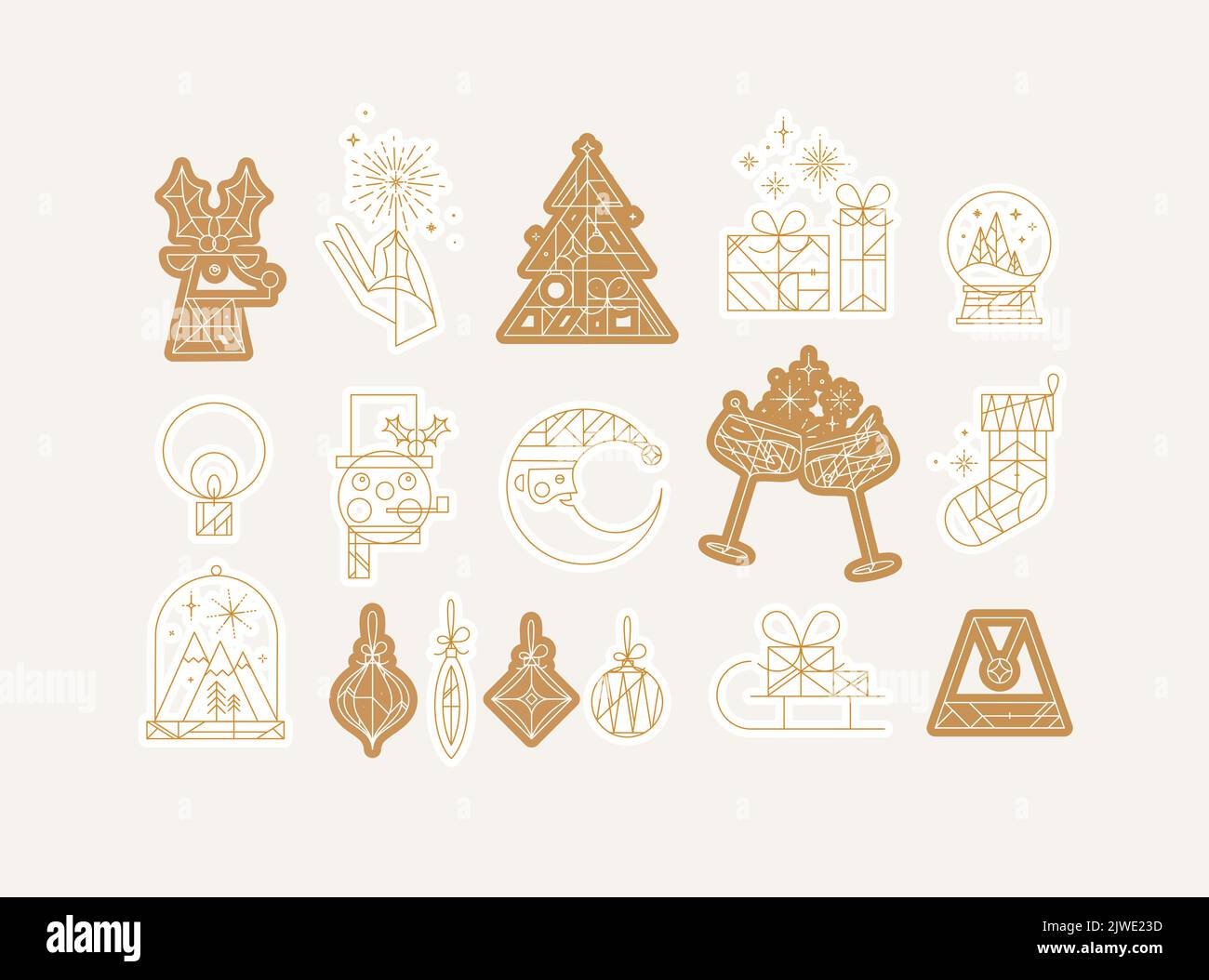 Set of christmas icons drawing in art deco line style on beige background Stock Vector