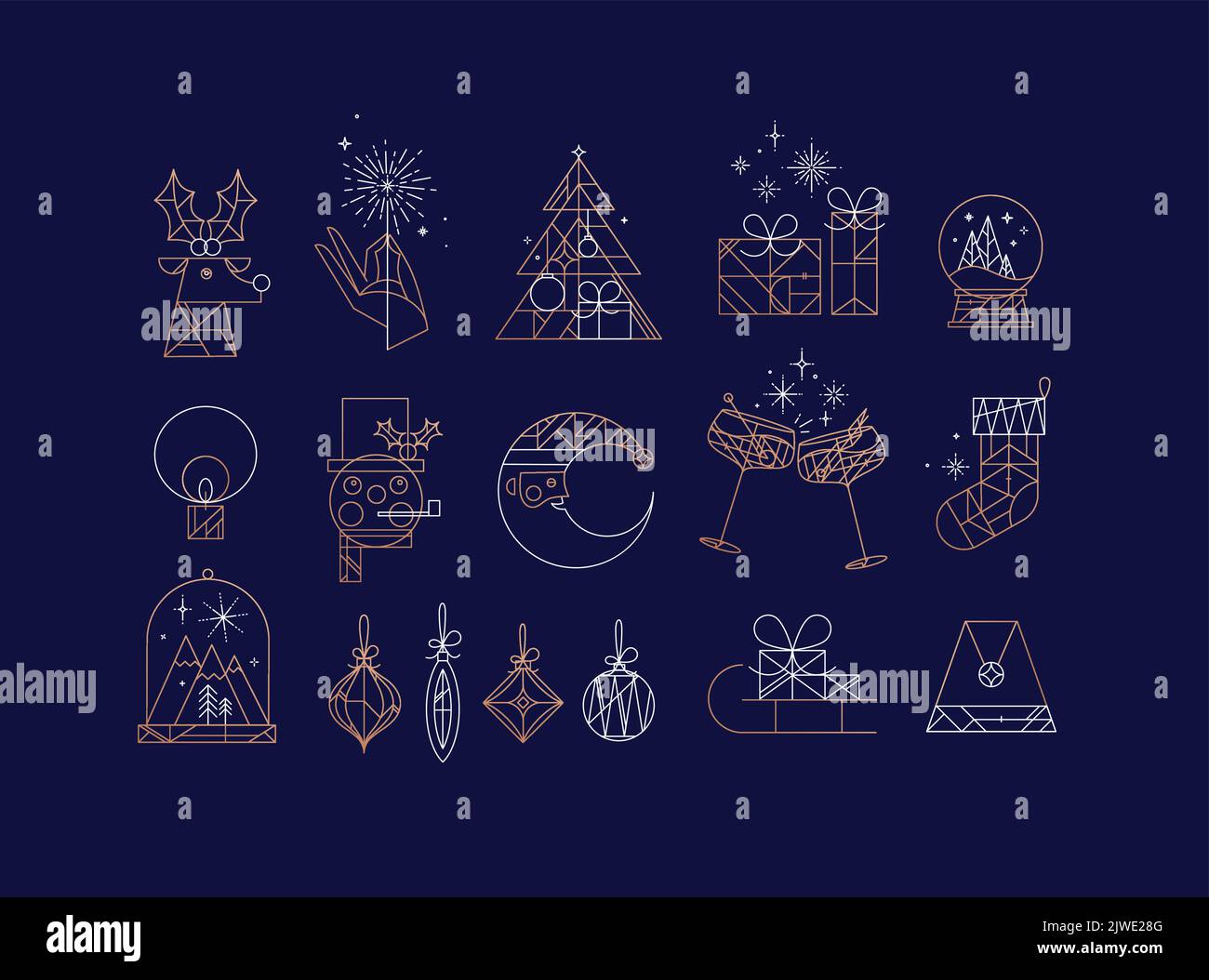 Set of christmas icons drawing in art deco line style on blue background Stock Vector