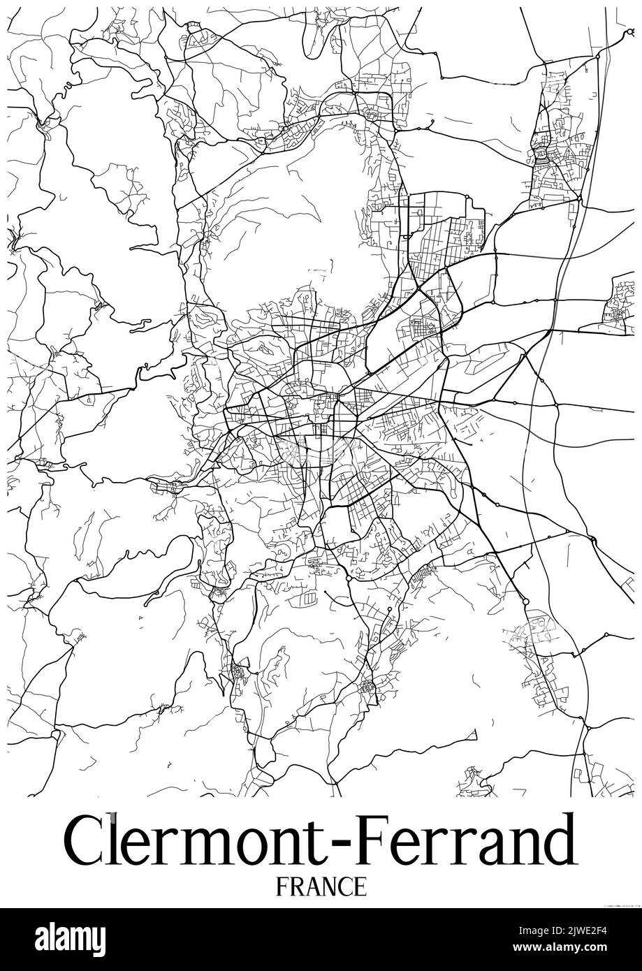 Black and white classic urban map of Clermont Ferrand France.This map contains geographic lines
