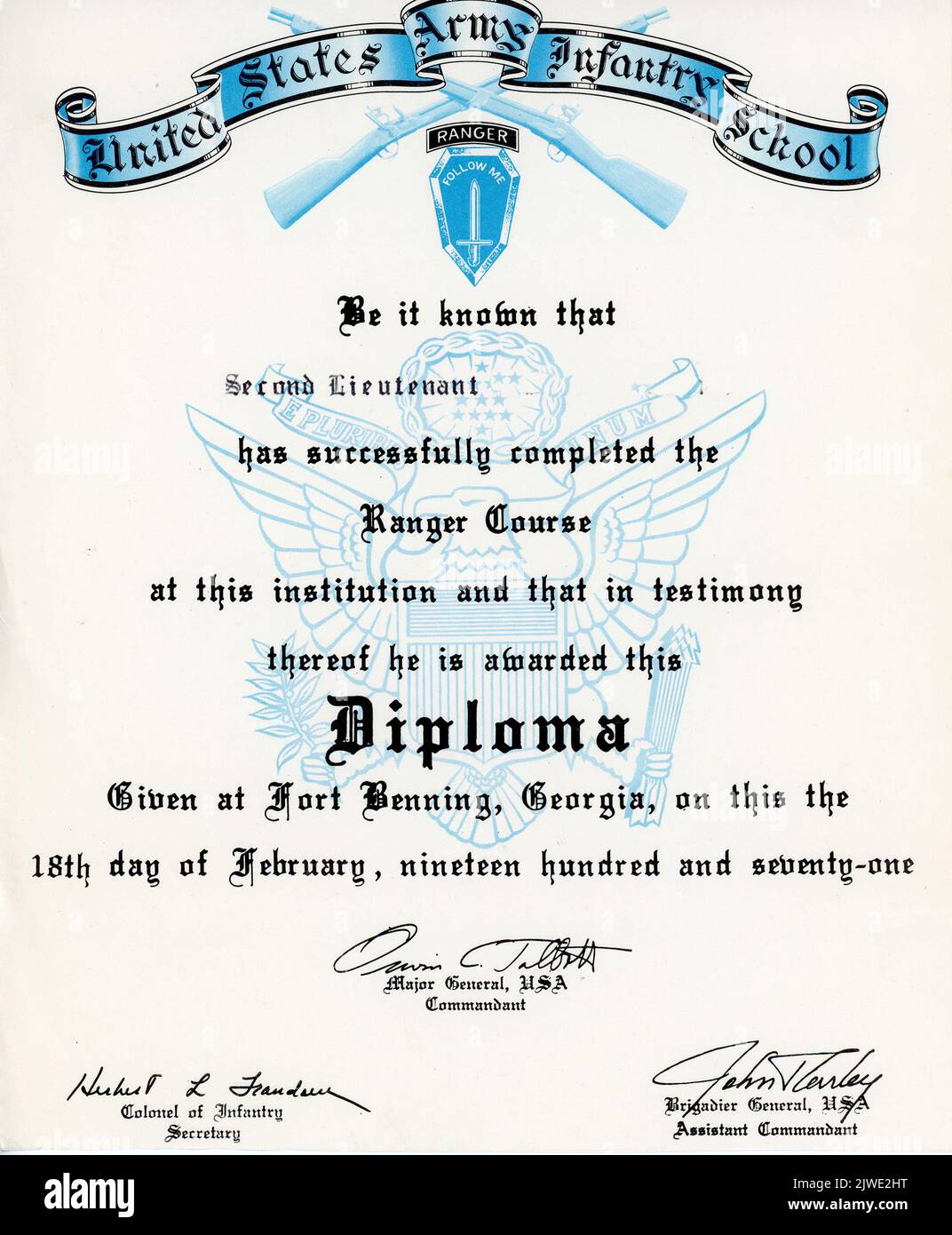 U.S. Army Infantry School Diploma, 1971, USA Stock Photo