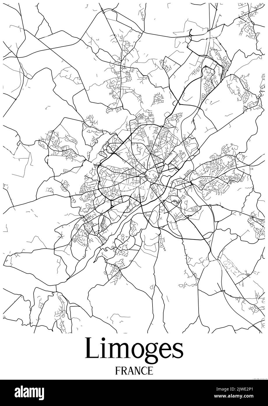 Black and white classic urban map of Limoges France.This map contains