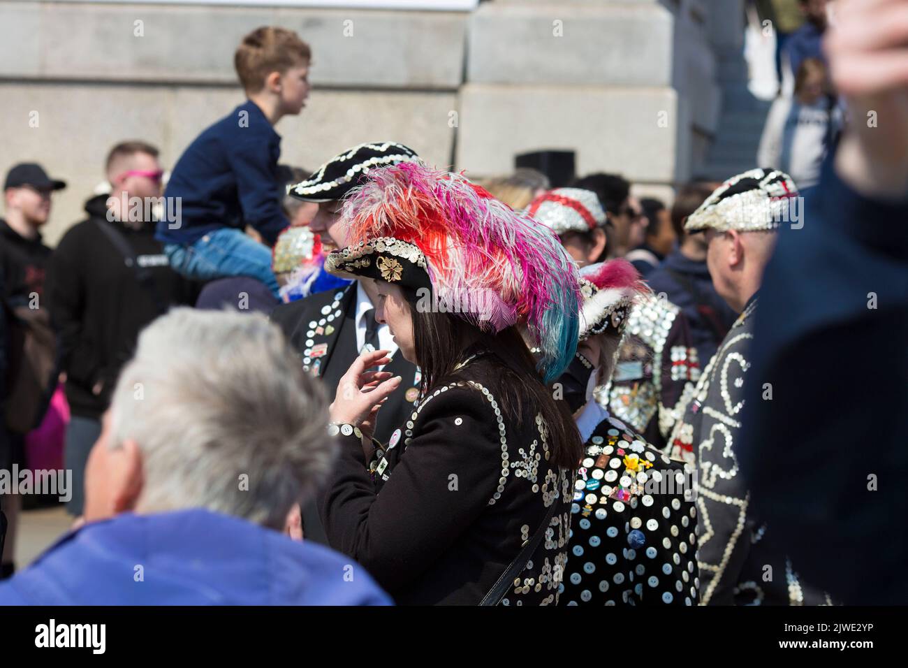 Pearly Kings and Queens are seen as people gather for St George’s Day celebrations in Trafalgar Square, central London. Stock Photo