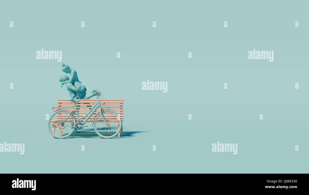 3d concept on a love theme. A couple is sitting on a bench. 3d render Stock Photo