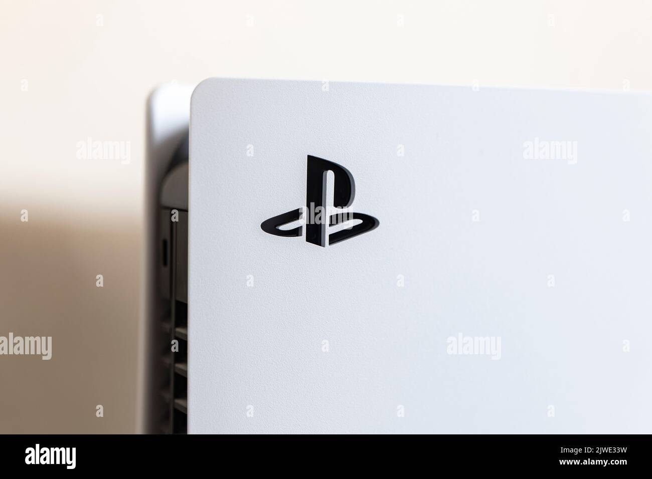 OSTRAVA, CZECH REPUBLIC - MARCH 17, 2022: Sony PlayStation 5 gaming console logo in detailed view Stock Photo