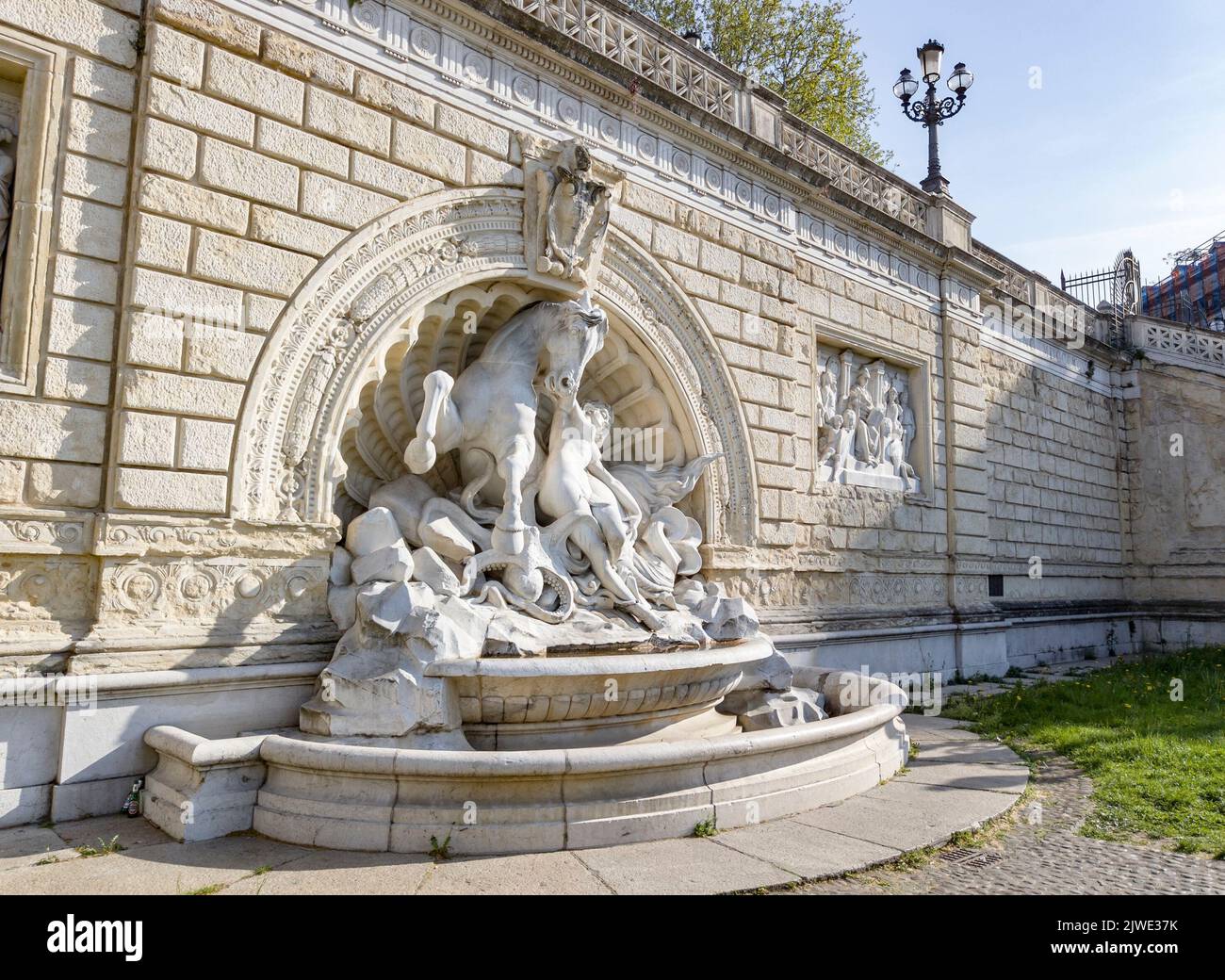 BOLOGNA, ITALY - APRIL 19, 2022: Fontana della Ninfa e del Cavallo Marino in Bologna, Italy with no tourists Stock Photo