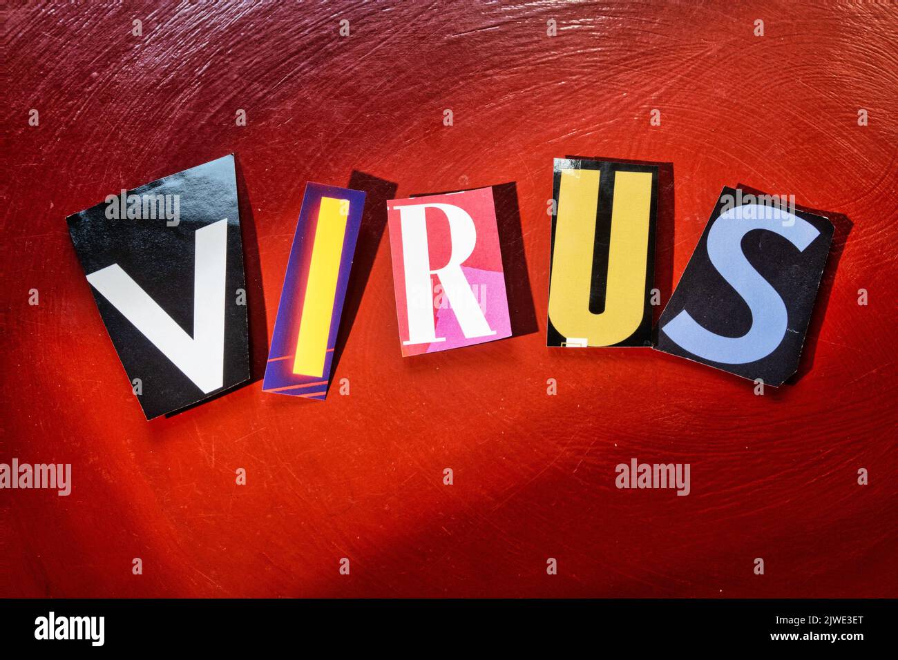 The Word 'Virus' using cut-out paper letters in the ransom note effect typography, USA  2022 Stock Photo