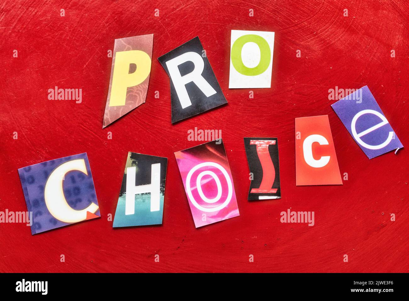 'Pro Choice' concept using cut-out paper letters in the ransom note effect typography 2022,  USA Stock Photo