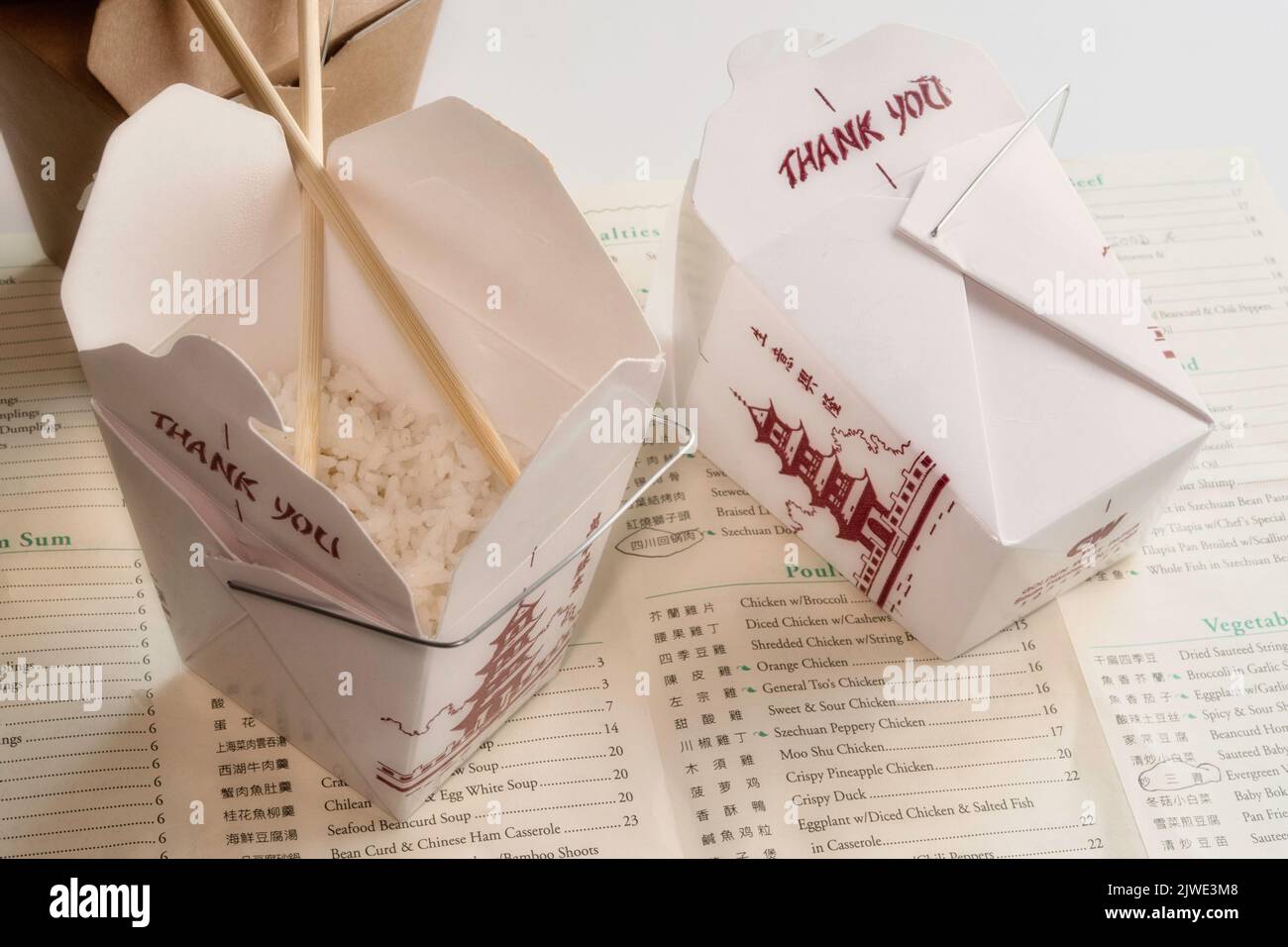 Still live of Chinese food delivery with menu and chopsticks, USA 2022