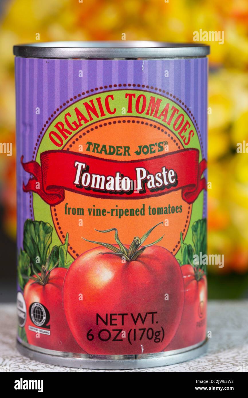 Still life of Trader Joe's organic tomato paste, USA Stock Photo Alamy