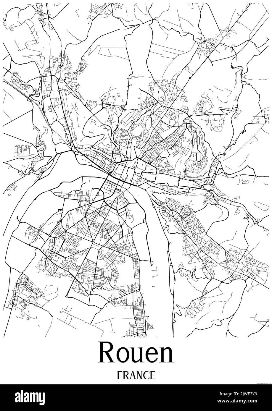 Black and white classic urban map of Rouen France.This map contains geographic lines for main and secondary roads. Stock Photo