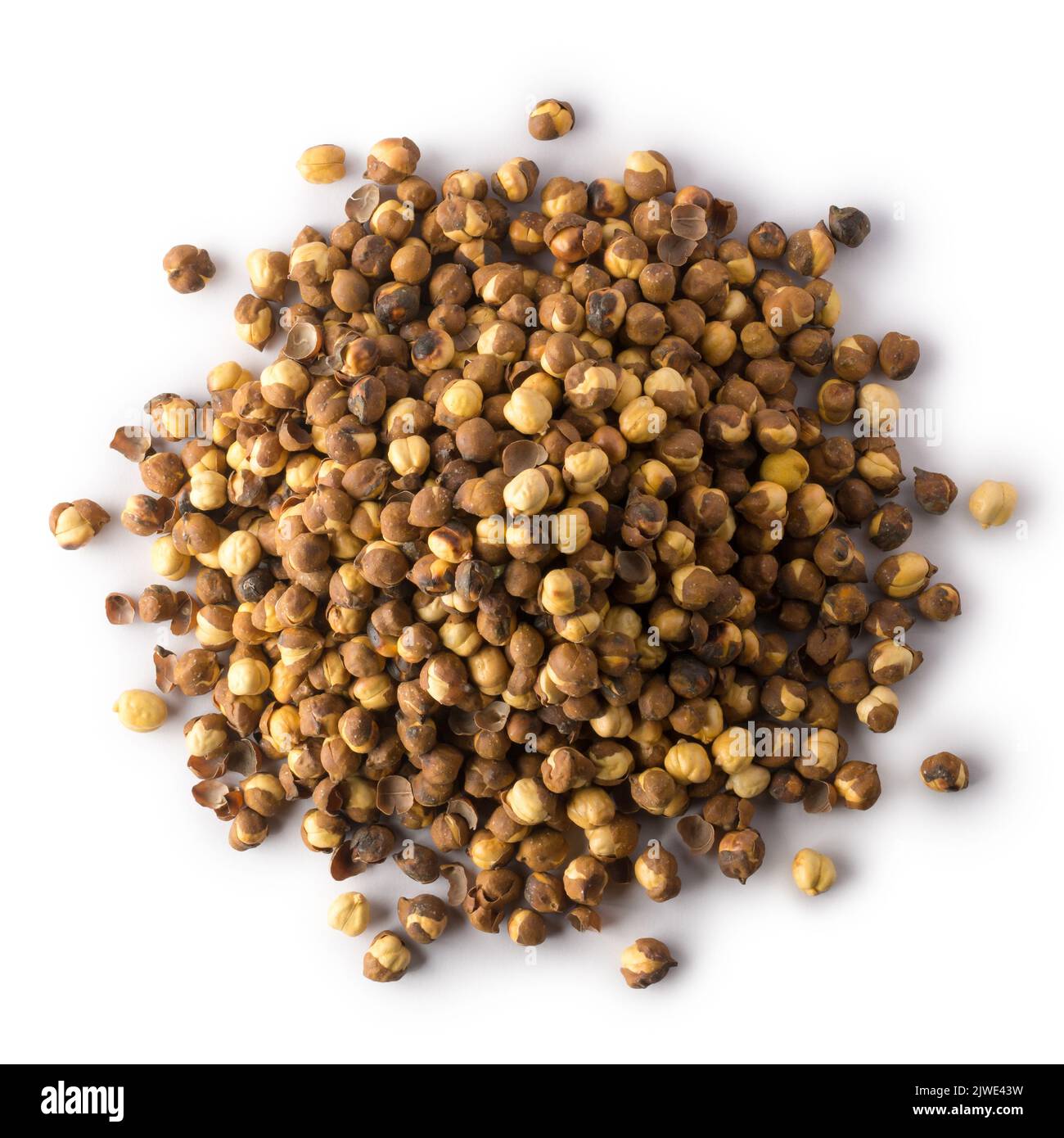 pile of roasted and salted black chickpeas, also known as bengal gram or desi chickpea, traditional and native oil free snack of india isolated Stock Photo