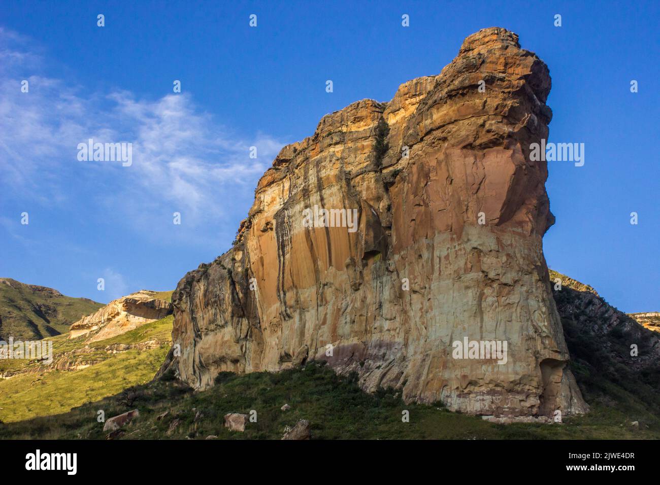 Looking up at the Impressive Sandstone Buttress, called the Brandwag, in the Golden Gate Highlands National Park, South Africa Stock Photo