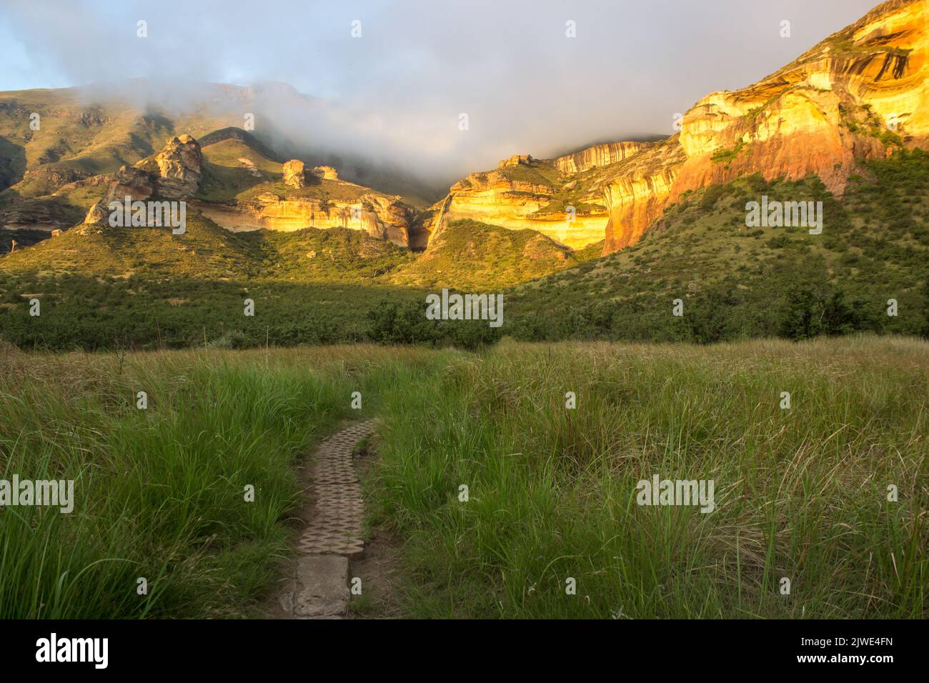 A path leading towards tall sandstone cliffs of the Drakensberg Mountains in the Golden Gate Highlands National Park of South Africa Stock Photo