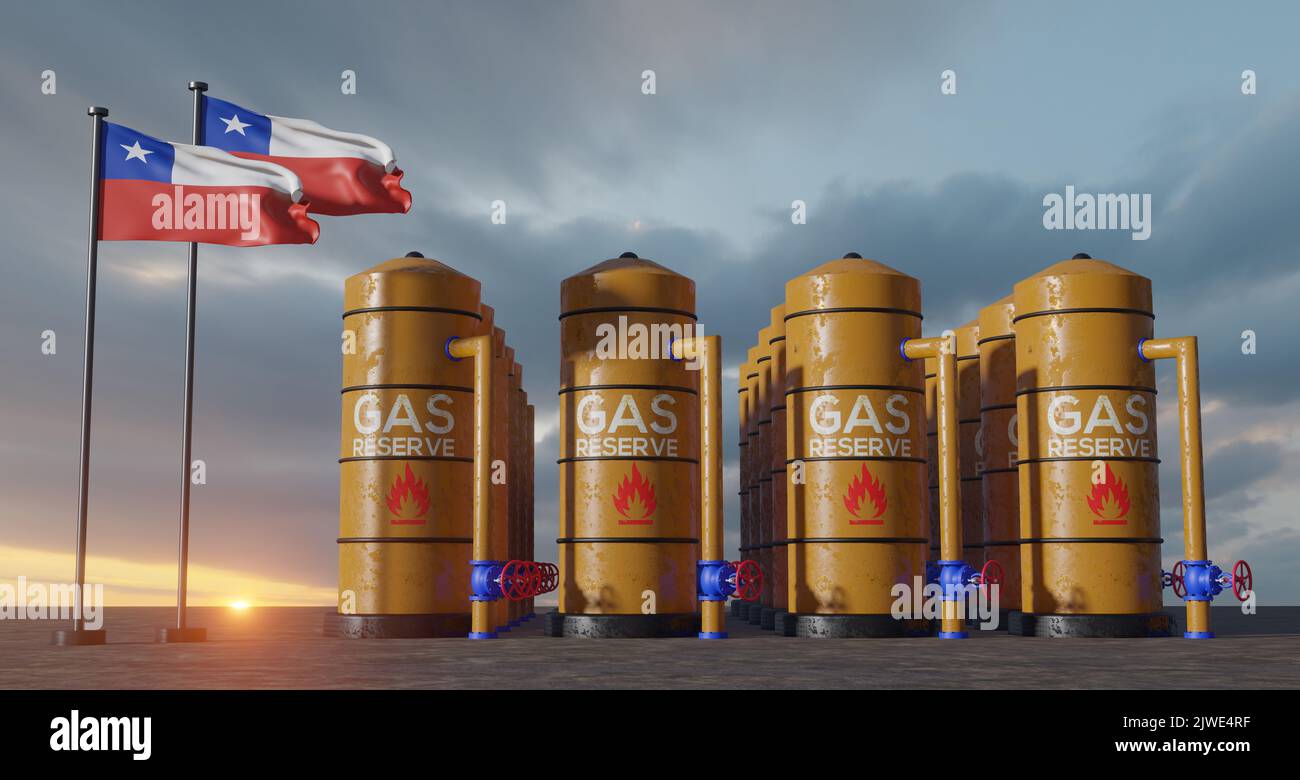 Chile gas reserve, Chile Gas storage reservoir, Natural gas tank Chile with flag Chile, sanction on gas, 3D work and 3D image Stock Photo