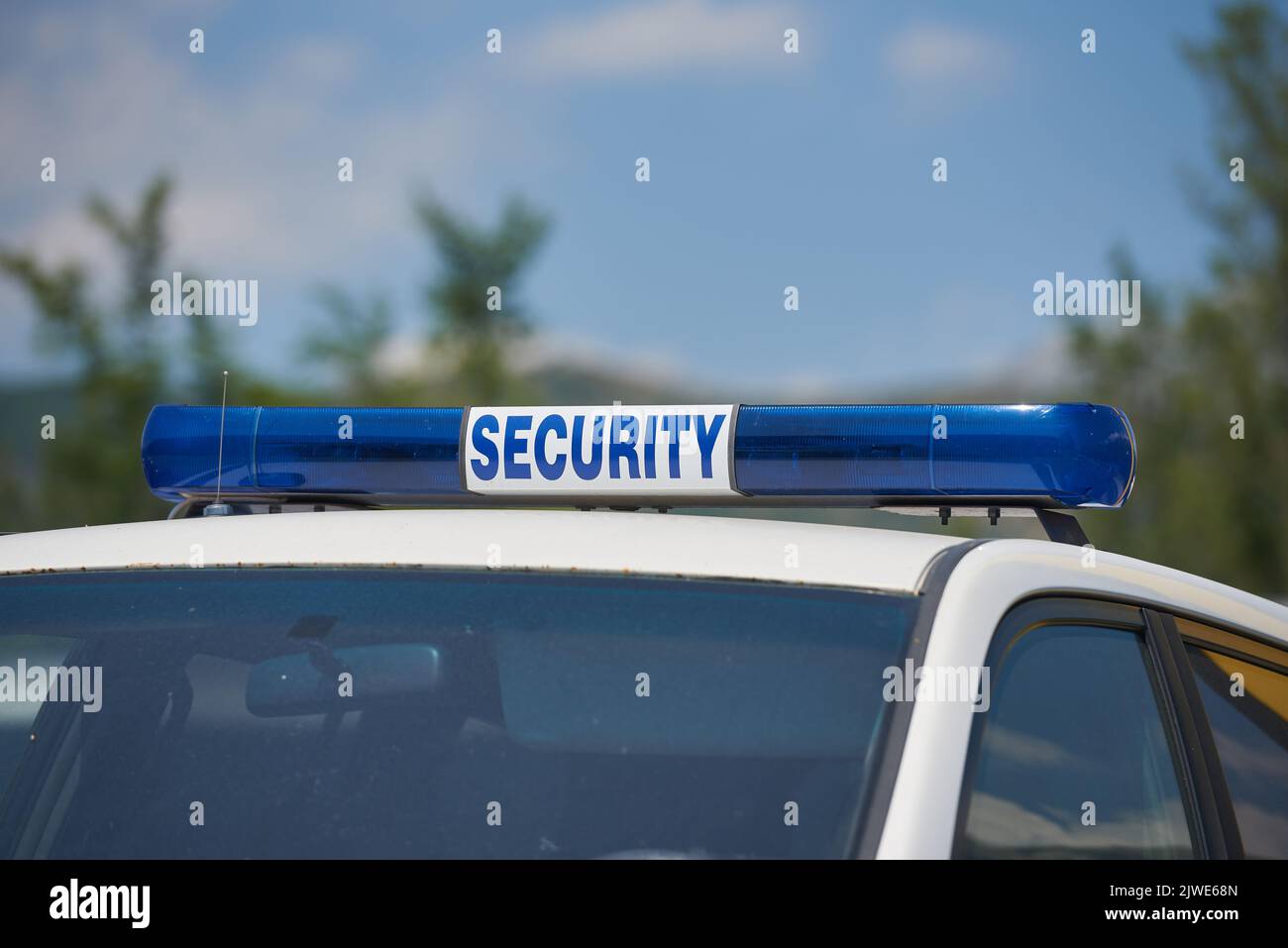 Strobe lights equipment on the roof of a security car Stock Photo