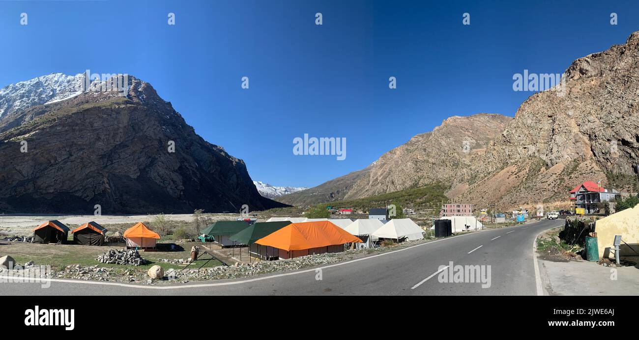 Road through Jispa village, Lahaul region, Himachal Pradesh, Himalayas, India Stock Photo