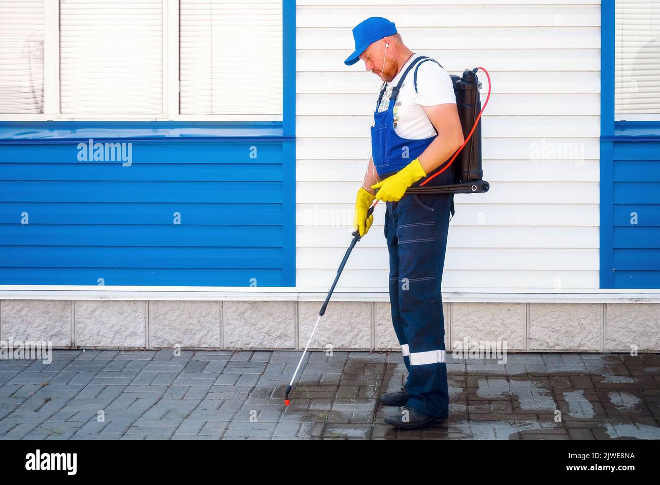 Man in work jumpsuit treats sidewalk from weeds. Disinfection of adjacent territory of house. Spraying weeds in city. Real workflow scene Stock Photo