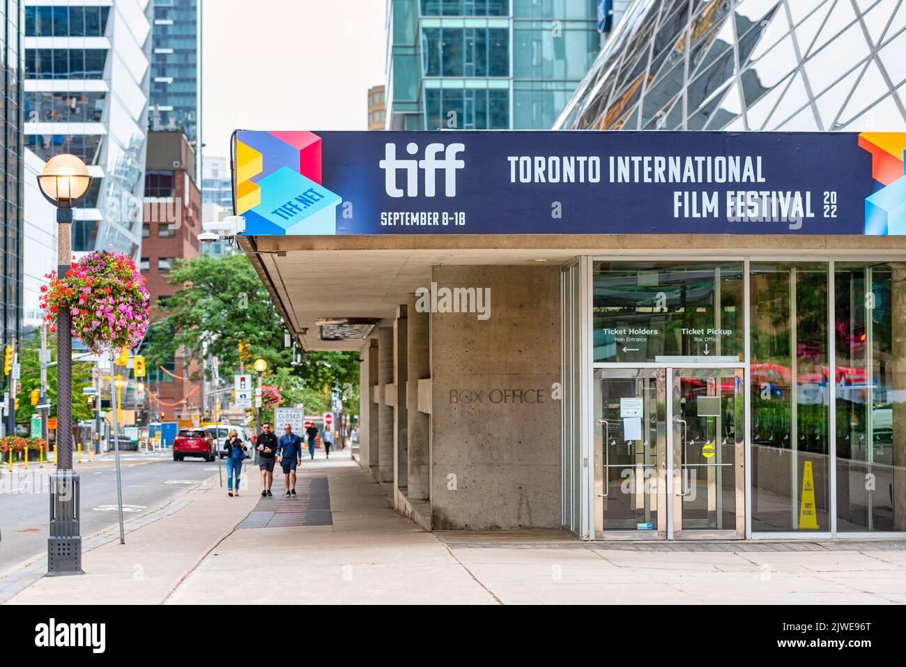 Sign advertising the 2022 Toronto International Film Festival or TIFF in the Roy Thomson Hall. Stock Photo
