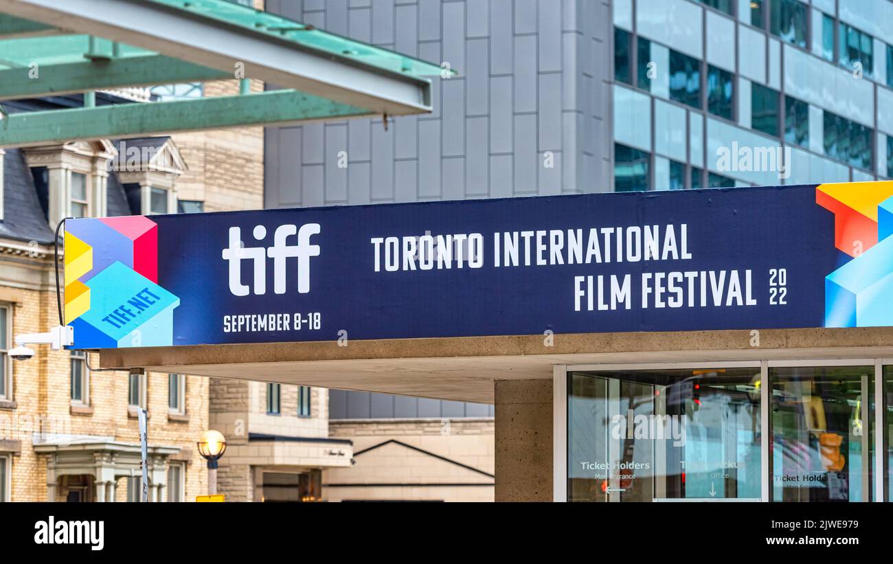 Sign advertising the 2022 Toronto International Film Festival or TIFF in the Roy Thomson Hall. Stock Photo