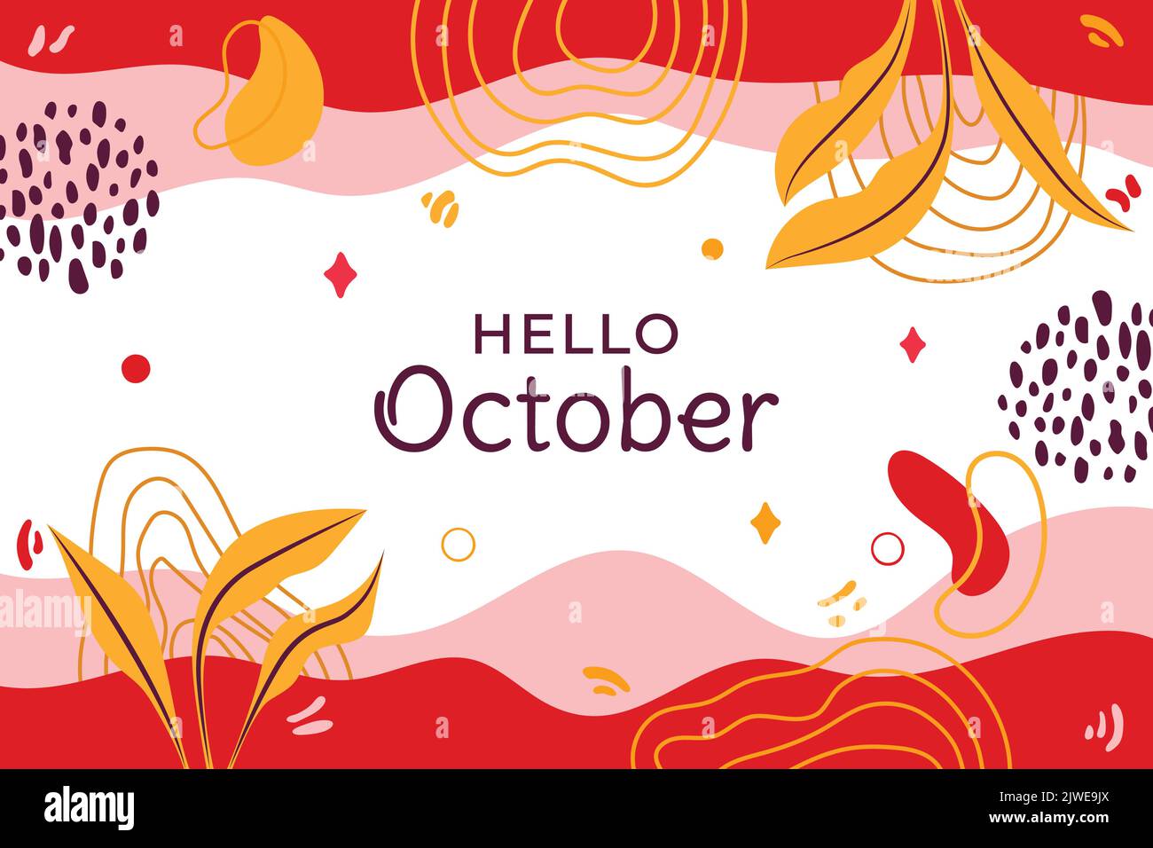 Hello October Floral Abstract Typography Social media post vector Illustration. Memphis pattern design horizontal background. Greeting card promotion Stock Vector