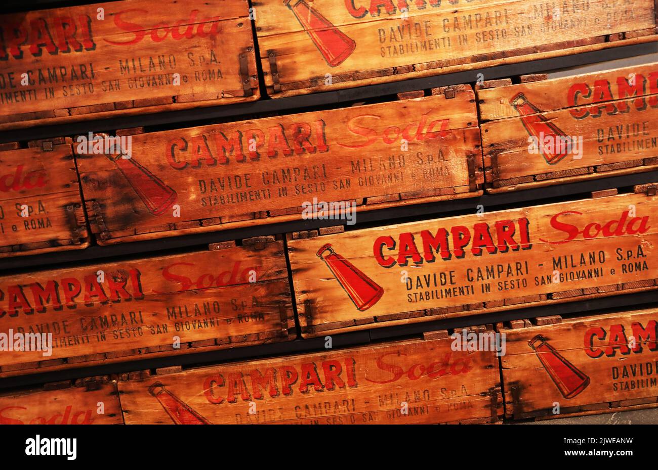 Old wooden boxes to carry bottles of Bitter Campari Stock Photo