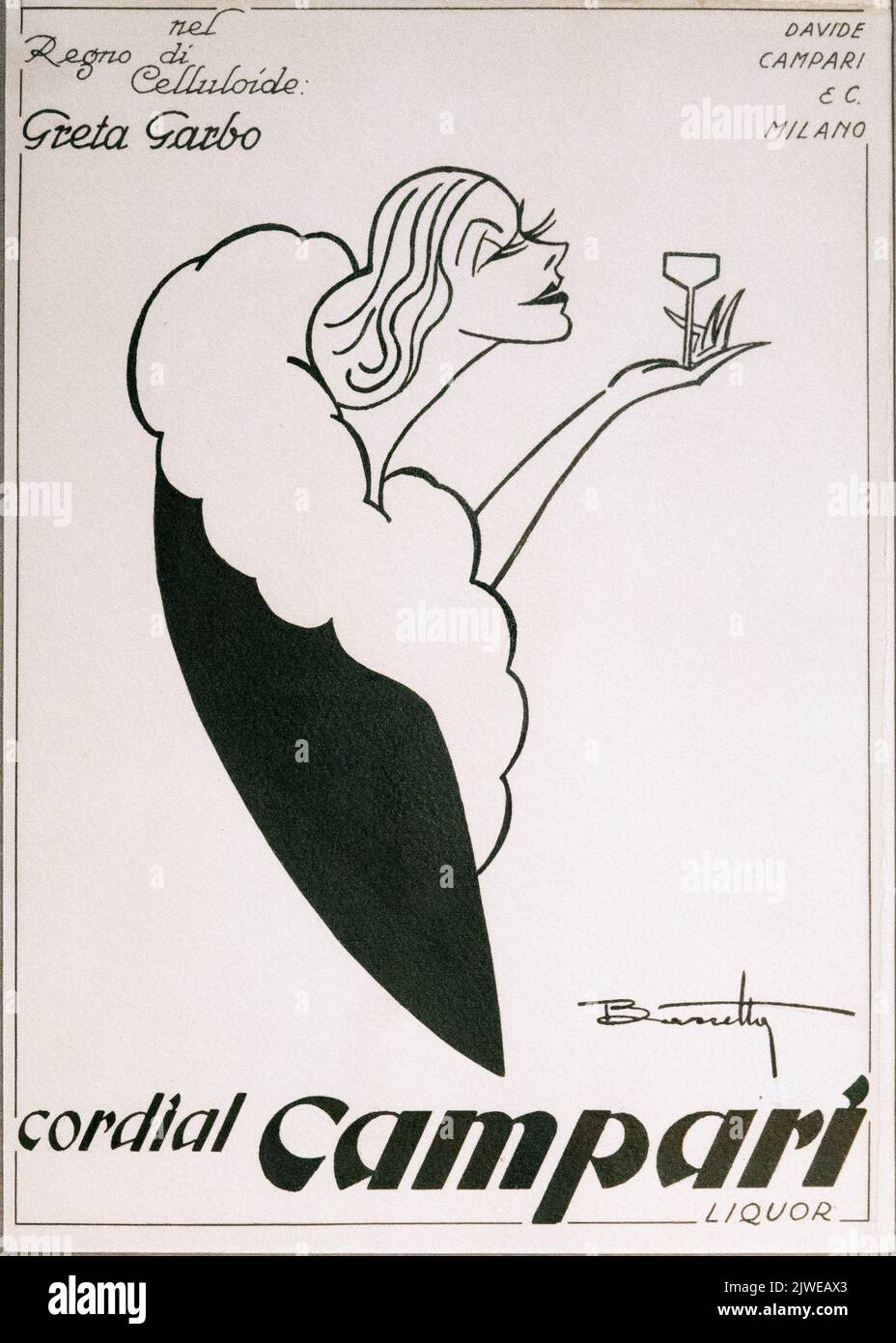 Vintage advertising of Cordial Campari in black and white. Image taken at the Galleria Campari close to Milan. Stock Photo