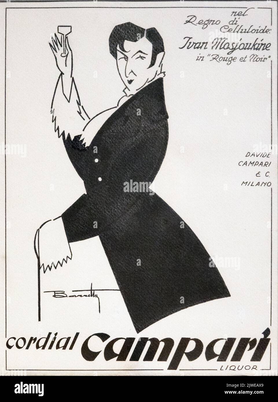 Vintage advertising poster of Cordial Campari in black and white. Image taken at the Galleria Campari close to Milan. Stock Photo