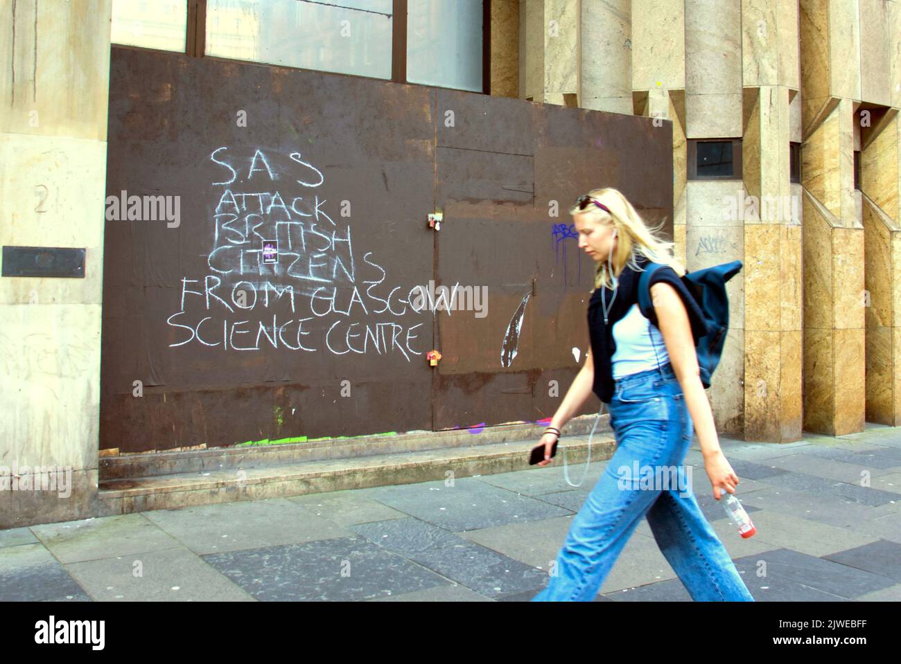 Glasgow, Scotland, UK 6th  September, 2022.Street Graffiti the new investigative reporting in the city as the long running campaigns against barclays and the oil industry was joined with hints against SAS the data company based in the city being accused of big brother crimes helping police use their data . Credit Gerard Ferry/Alamy Live News Stock Photo