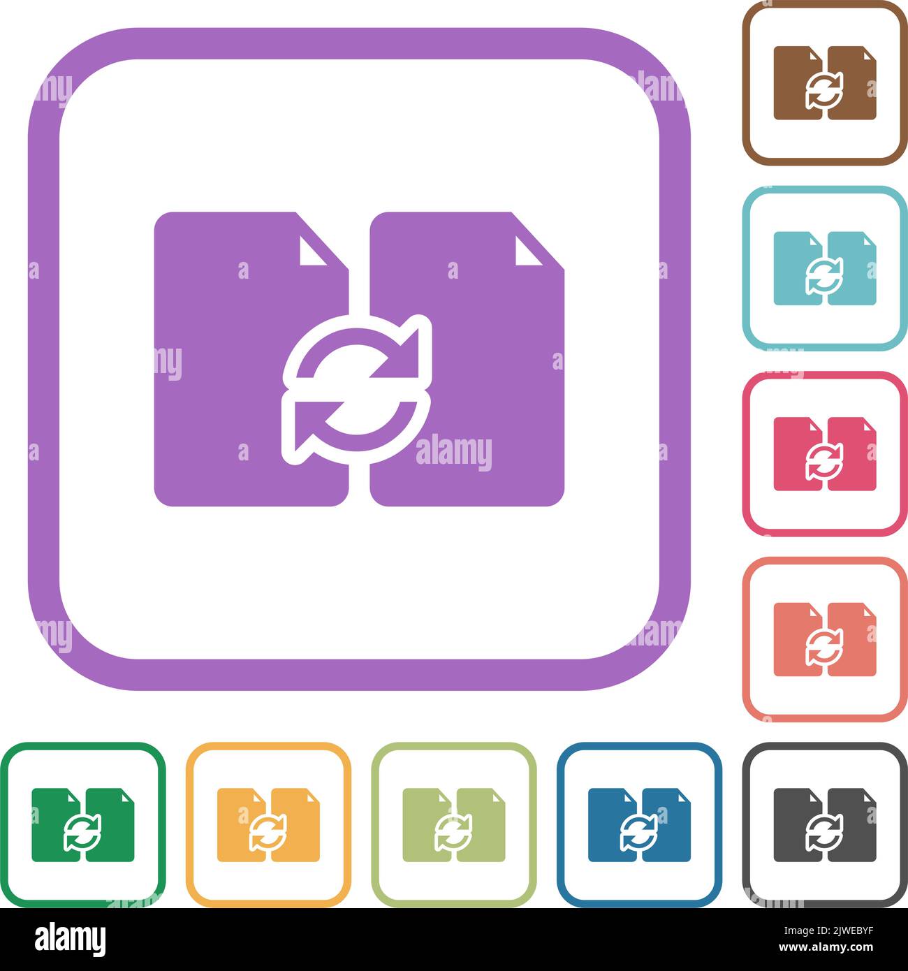 Swap documents solid simple icons in color rounded square frames on white background Stock Vector