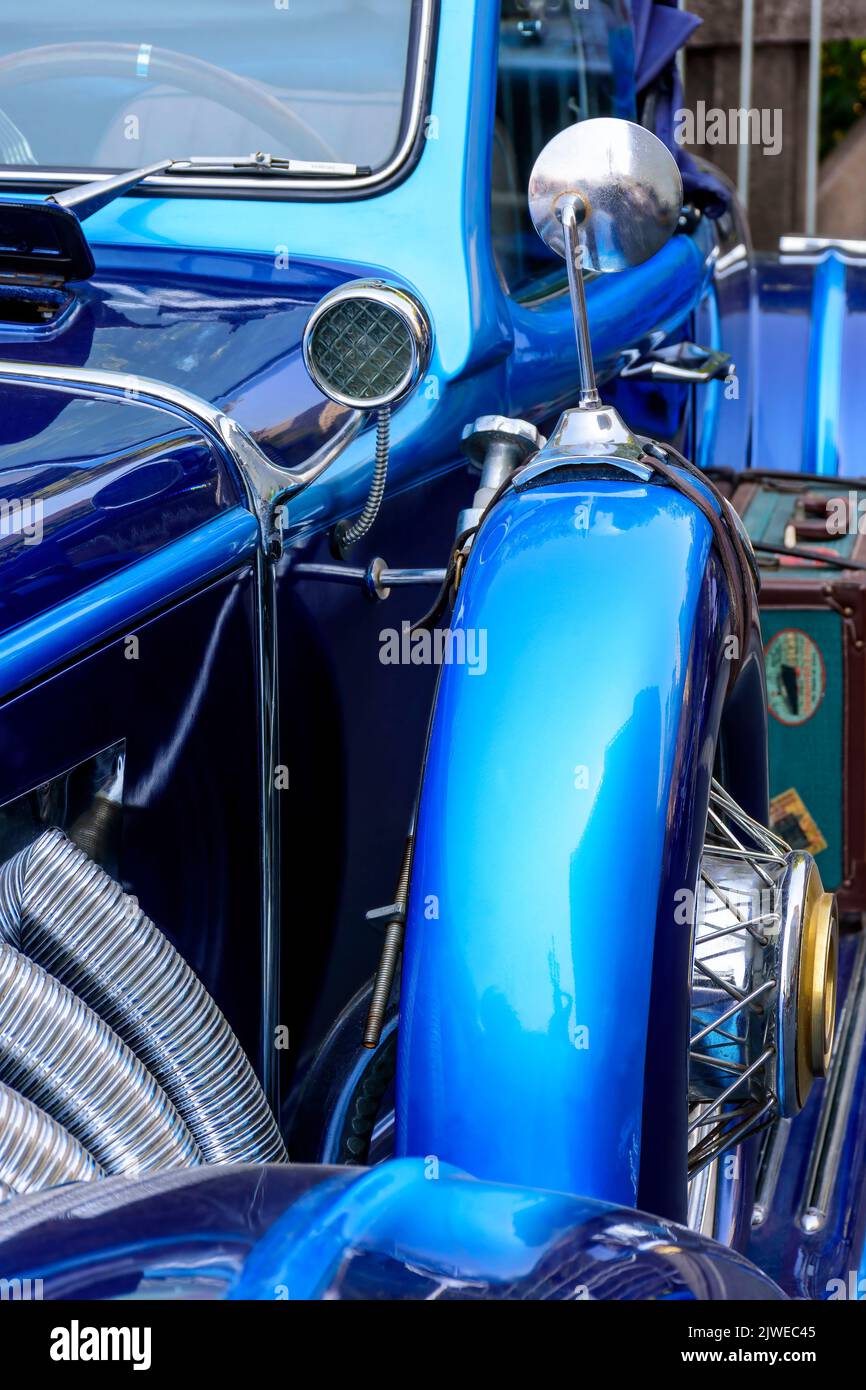 Detail of ancient blue car in perfect condition Stock Photo