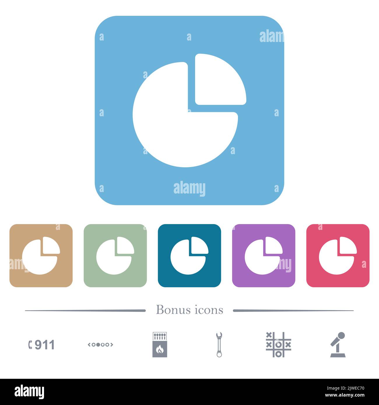 Pie chart white flat icons on color rounded square backgrounds. 6 bonus ...