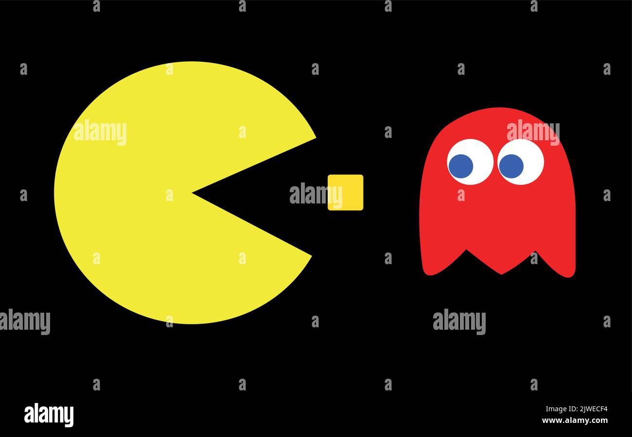 Pac-Man game theme vector illustration. Retro computer game with Pac-Man and his enemy character Stock Vector