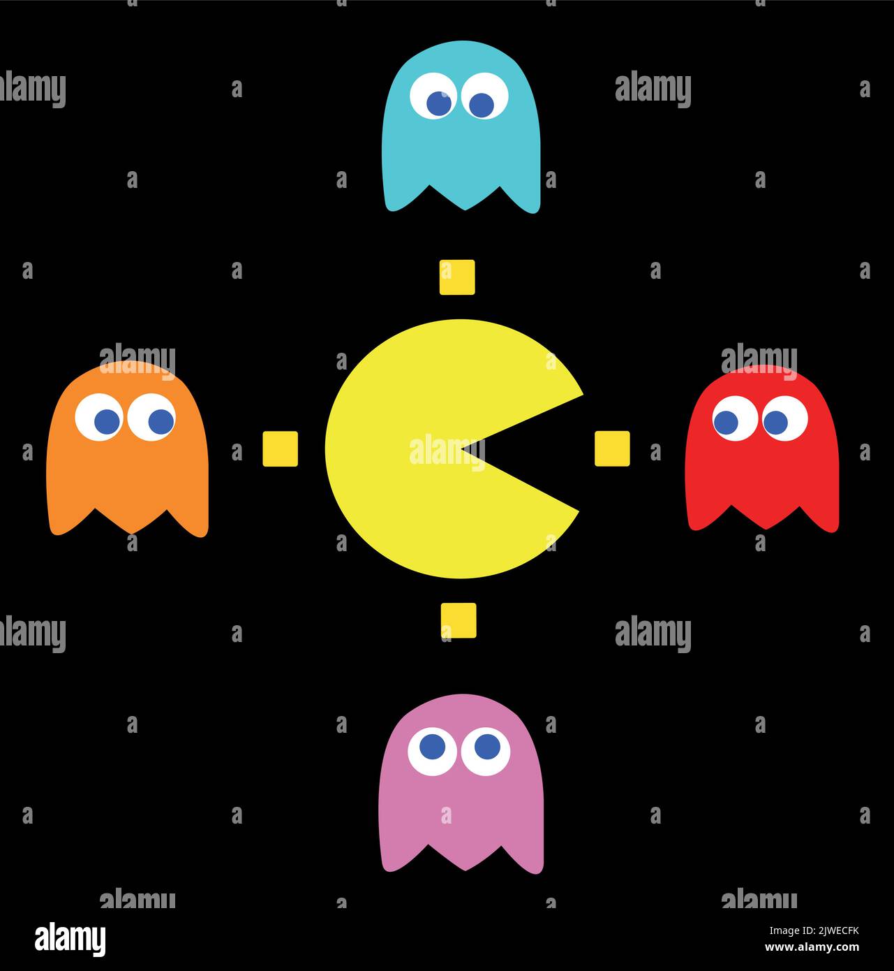 Pac-Man game theme vector illustration. Retro computer game with Pac-Man, Pinky, Blinky, Inky and Clyde characters Stock Vector