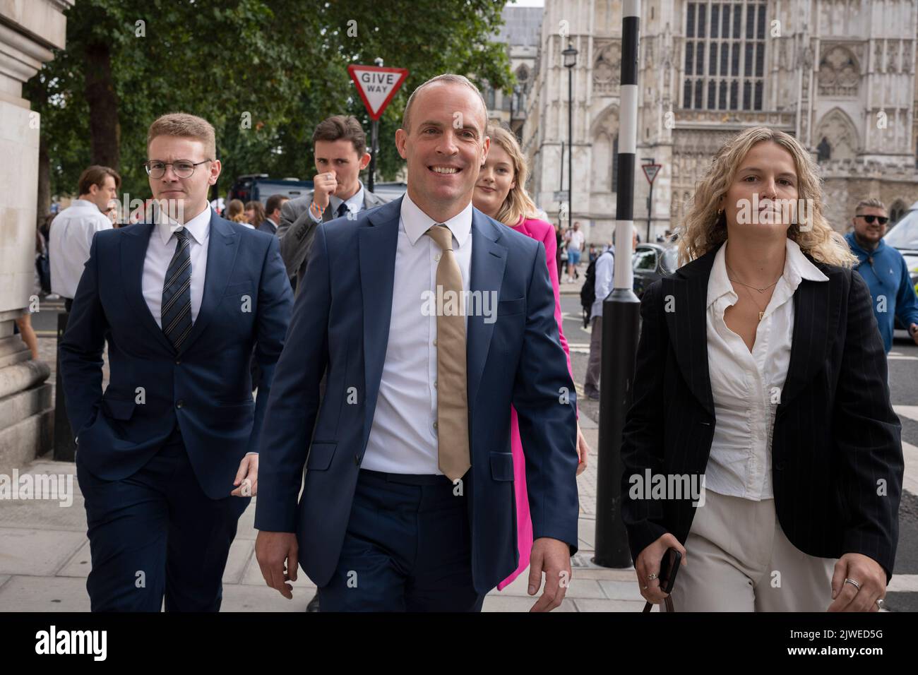 On the day that Liz Truss MP was elected by Conservative Party members, to replace Boris Johnson and be their new leader and the UK's next Prime Minister, Dominic Raab MP leaves Queen Elizabeth Hall after the vote result, on 5th September 2022, in London, England. In a 2 month-long candidate election that followed Johnson's removal from office, Truss beat her last rival Rishi Sunak, with a majority of 57% of the vote. Stock Photo