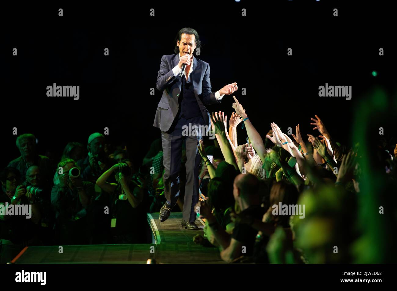 the exhibition of Nick Cave And The Bad Seeds at Rock En Seine Festival in Paris Stock Photo