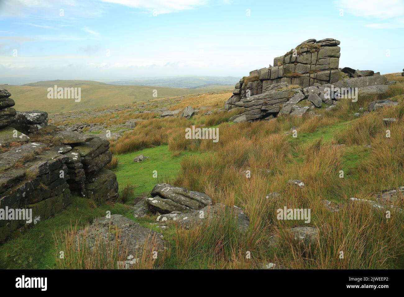Rock stacks on Great Mis, view towards Roos tor, Dartmoor, Devon ...