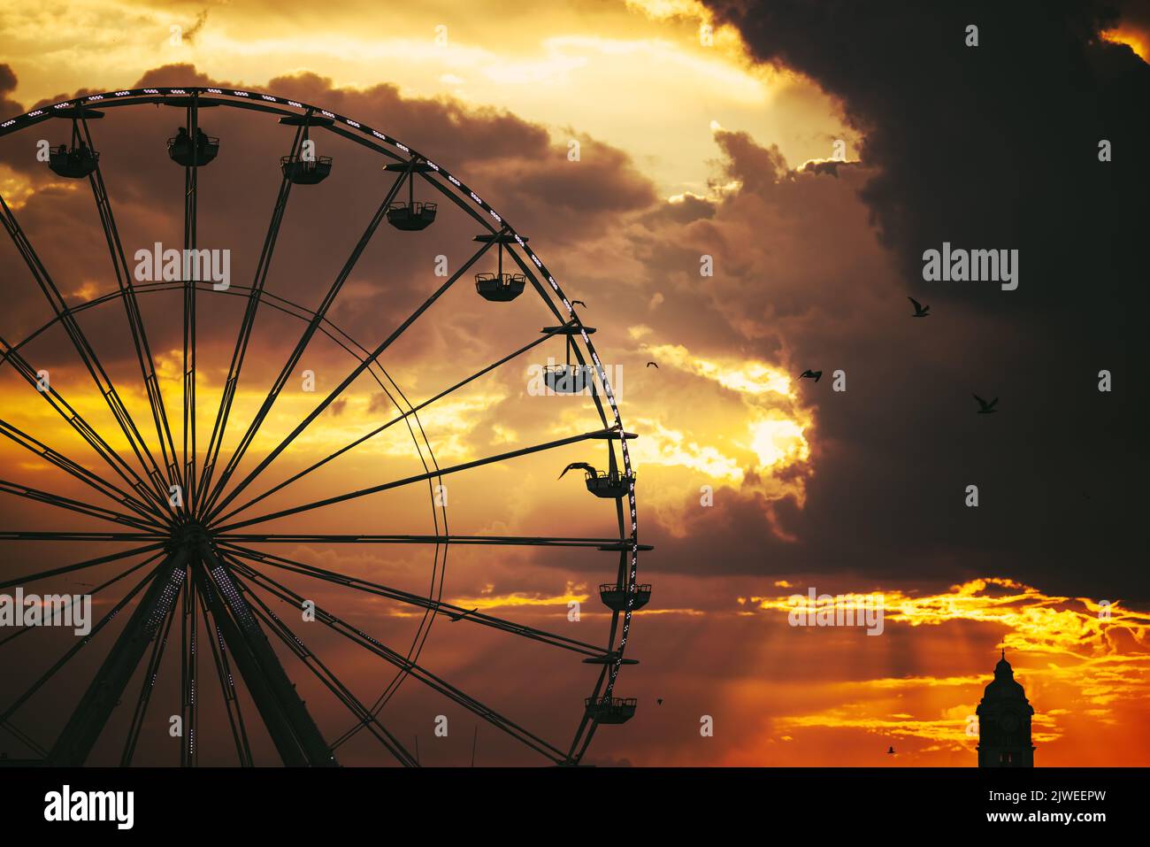 Ferris Wheel in amusement park and scenic sunset clouds in sky and flying birds silhouettes Stock Photo
