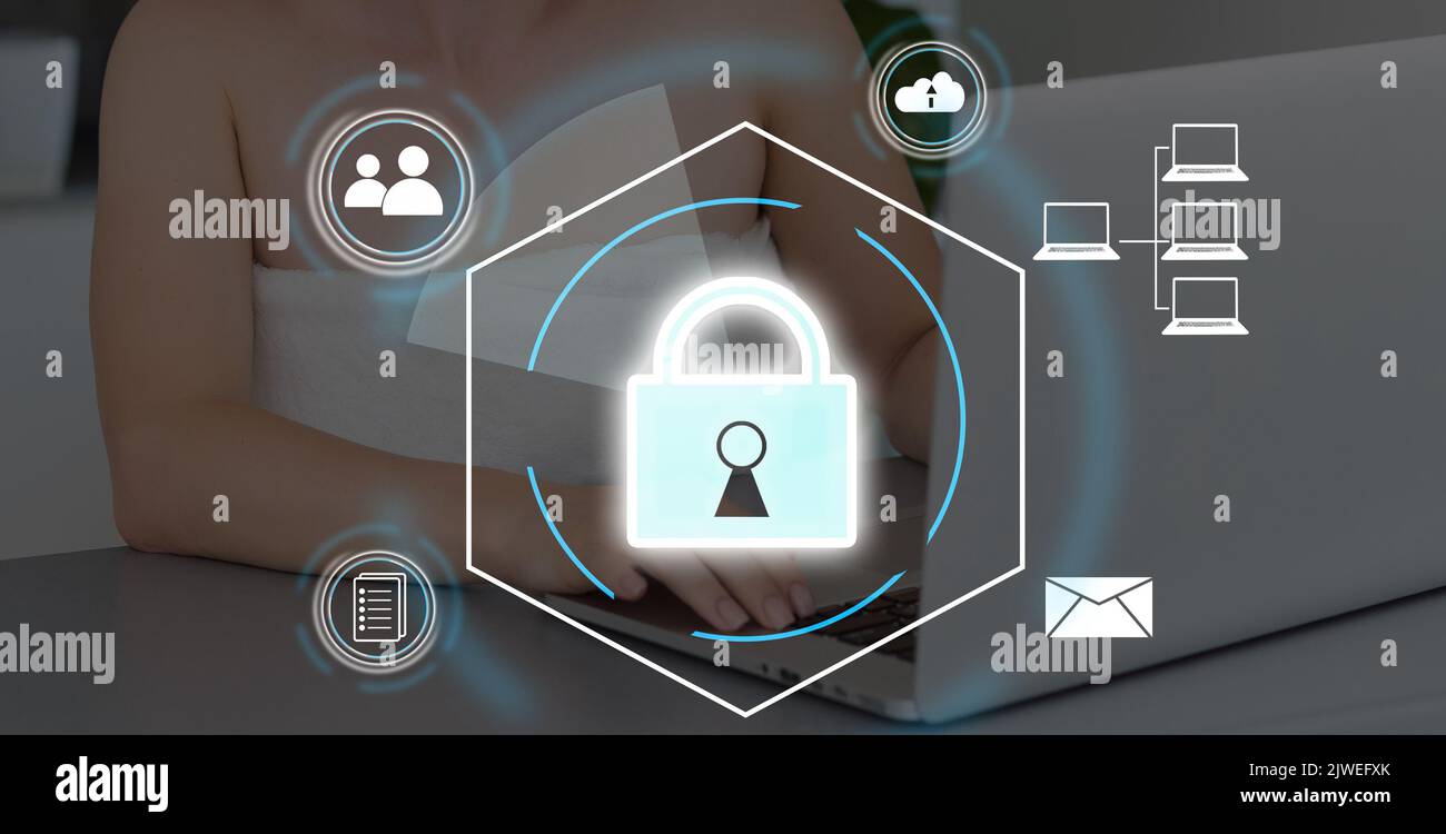 Digital padlock icon, cyber security network and data protection technology on virtual interface screen. Online internet authorized access against Stock Photo