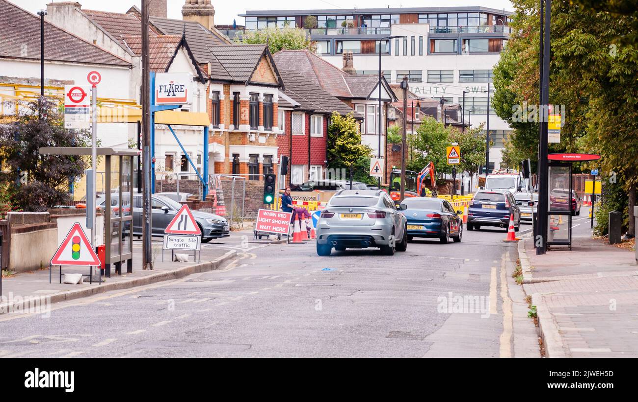 Undertaking works road works on Kathrine Road in Newham Stock Photo